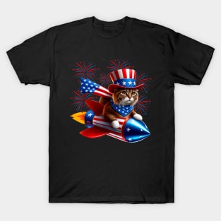 4th Of July Cat Rocket With Fireworks USA Patriotic T-Shirt